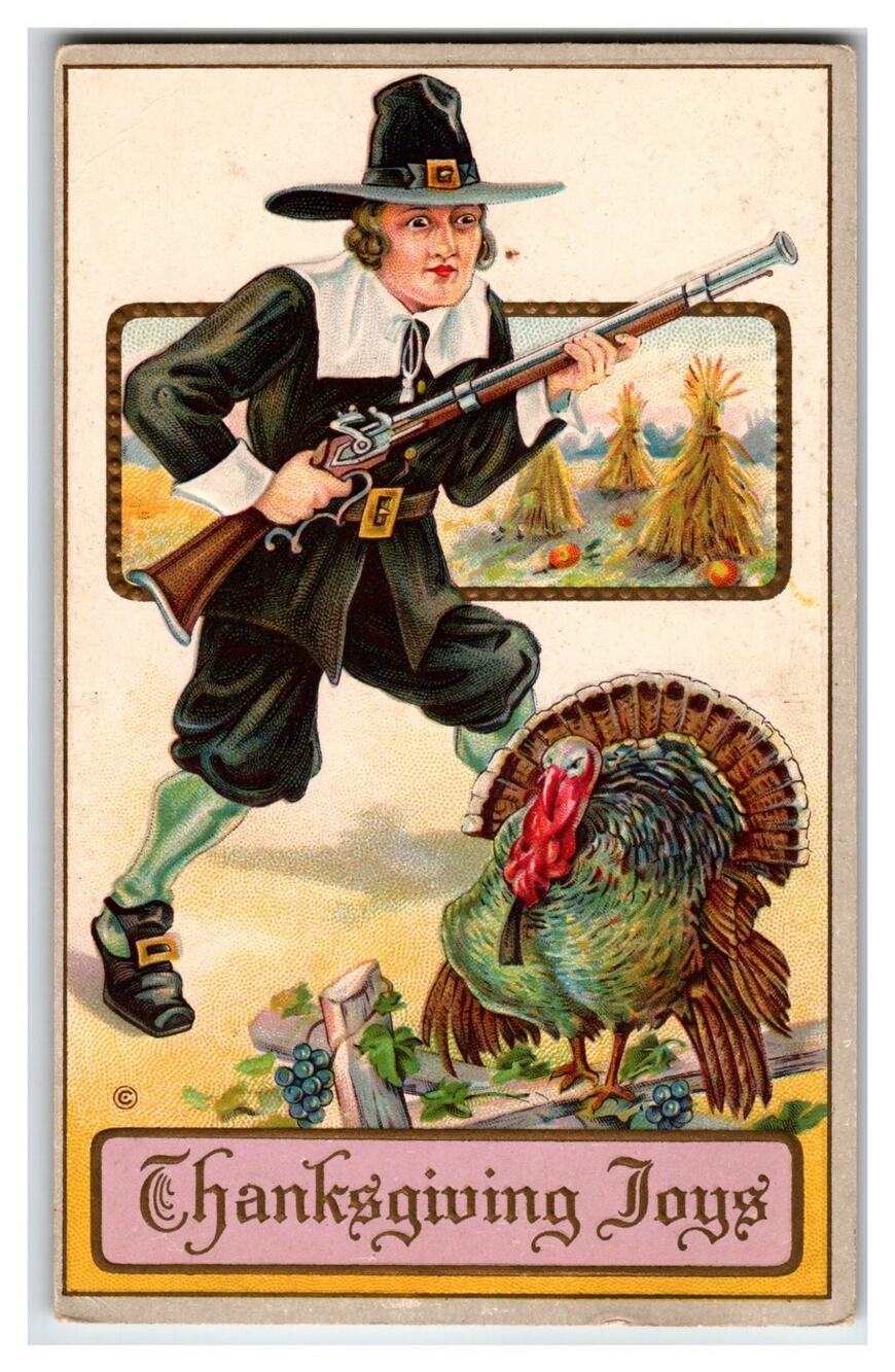 Antique Thanksgiving Joys Pilgrim Turkey Embossed Postcard Series 256 F
